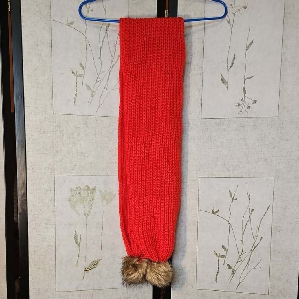 Red Knitted Scarf with Furry Brown Trim